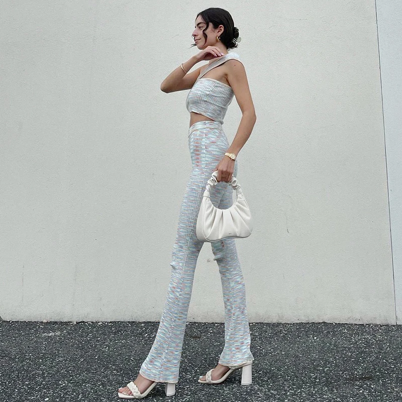 

Rainbow Striped Women's Tracksuits Skinny Y2k Pants And Crop Top Fashion 2021Summer Two Piece Set Female Outfit Trouser Suit