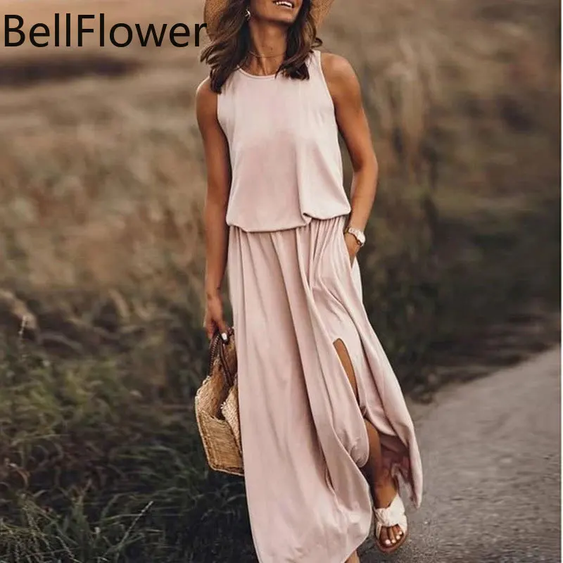 

Plus Size Sleeveless Summer Dress 2021 Bohemia Beach Style Loose Tank Round Neck Pullover Exposed Legs Sexy Maxi Dress Clothes