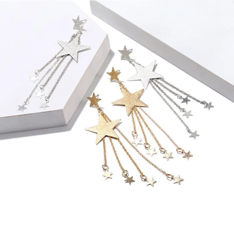 Корейские массивные серьги с пентаграммой и звездой длинные кисточками для