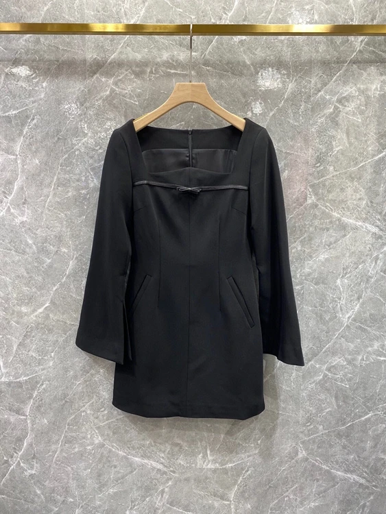 

2021 new women fashion square neck bow exquisite slim fit slit flared sleeve dress 1207