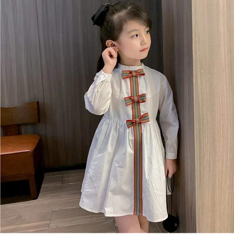 

Girls Elegant Bow Dress Spring Autumn Kids Cute White Princess Shirt Dresses 3 4 5 6 7 Years Children Casual Clothes vestidos