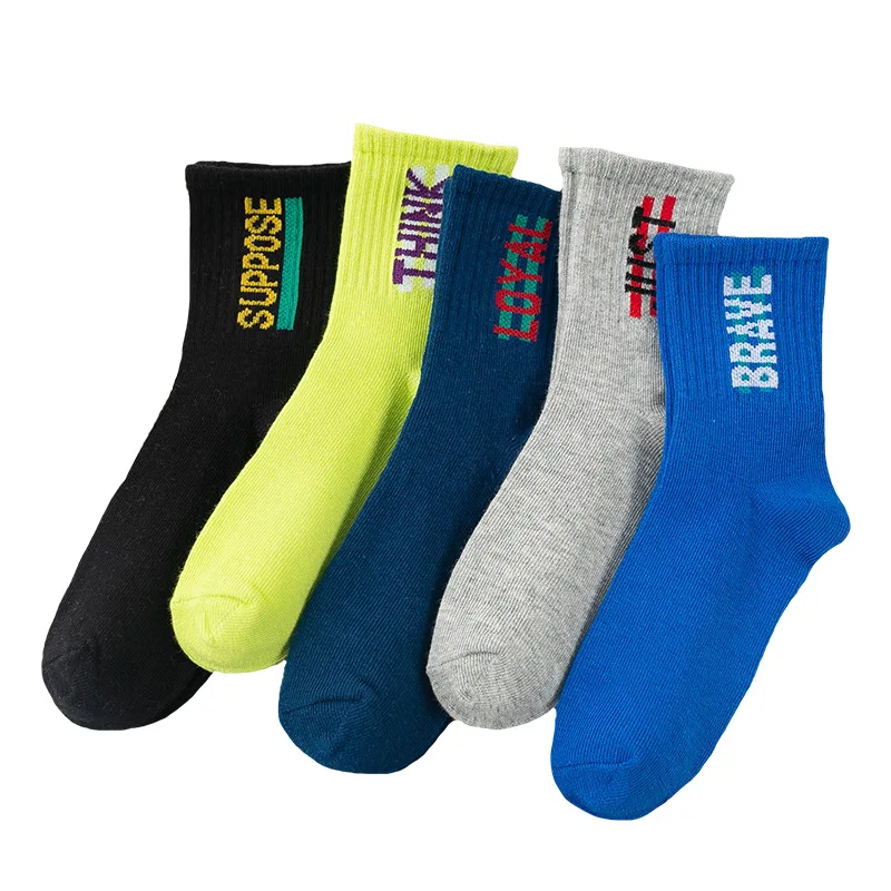 

5pairs 2021 new children's trendy socks spring and summer thin style trend letter hit color boys and girls hip-hop socks