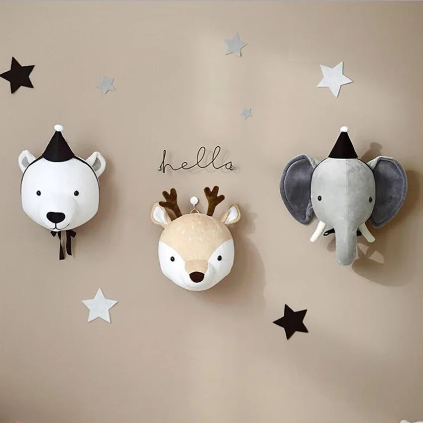 

Kids Room Decoration Plush Animal Heads Elephant Bear Deer Wall Decor Stuffed Toys For Room Nursery Room Decoration Doll Gift