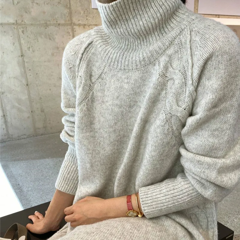 

Turtleneck Full Sleeve Oversized Knit Dress Female 2020 Winter Vestidos Casual Thick Twisted Women Long Sweater Dress