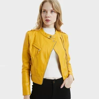 2019 new pu biker leather female short slim slimming lapel washed leather jacket wild small coat yellow leder jacket women