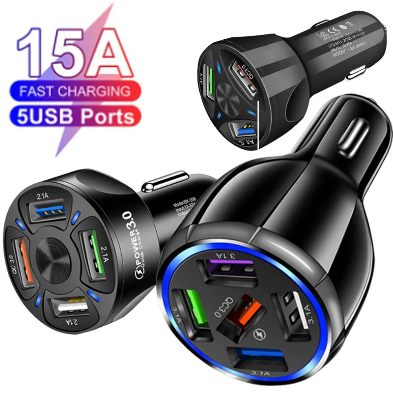 

Fast Charging Car Charger QC3.0 15A Mini 5 Ports USB For IPhone 12 11 Xiaomi Huawei Mobile Phone Quick Car Charger Adapter