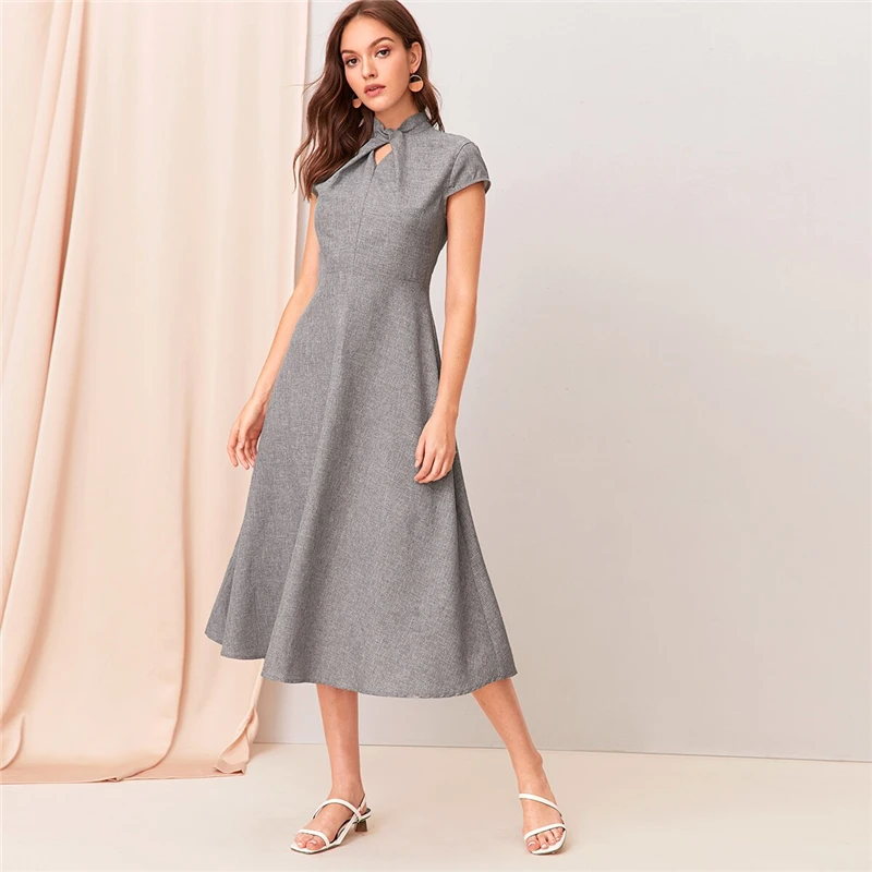 SHEIN, серое, с вырезом, с закручивающимся спереди, с коротким рукавом, расклешенное длинное платье для женщин, летнее, с воротником-стойкой, на молнии, сзади, элегантное платье трапециевидной формы