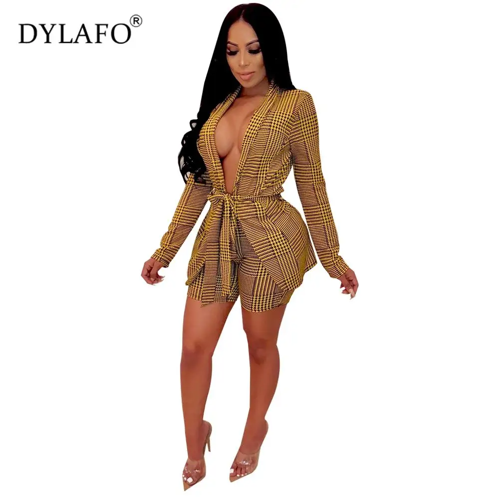

Hot Sale Blazer Two-piece Blazer Set Women Office Set 2 Pieces Work Blazer and Shorts Female Coat V Neck Sexy Chic Suit
