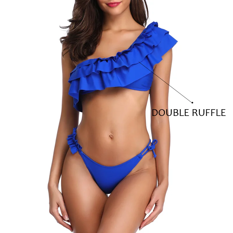 Бикини на одно плечо 2021 купальник с оборками женский однотонный купальный костюм