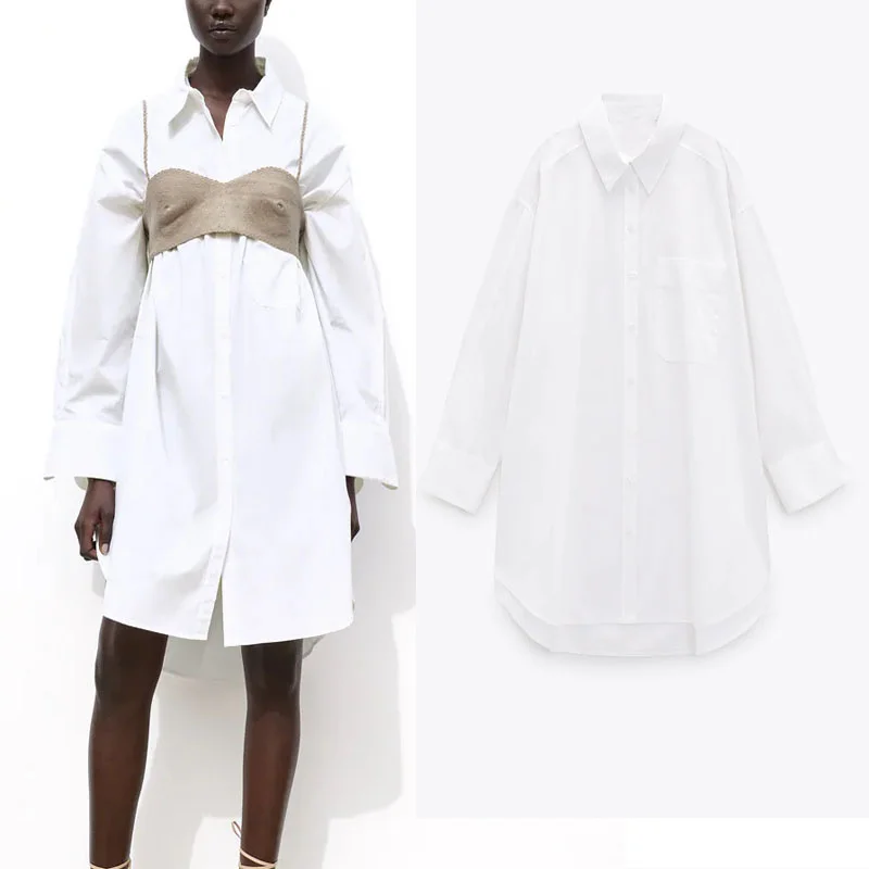 

Женская блуза из поплина Za, белая Свободная рубашка оверсайз с отложным воротником и длинным рукавом, с боковыми разрезами и пуговицами, вин...