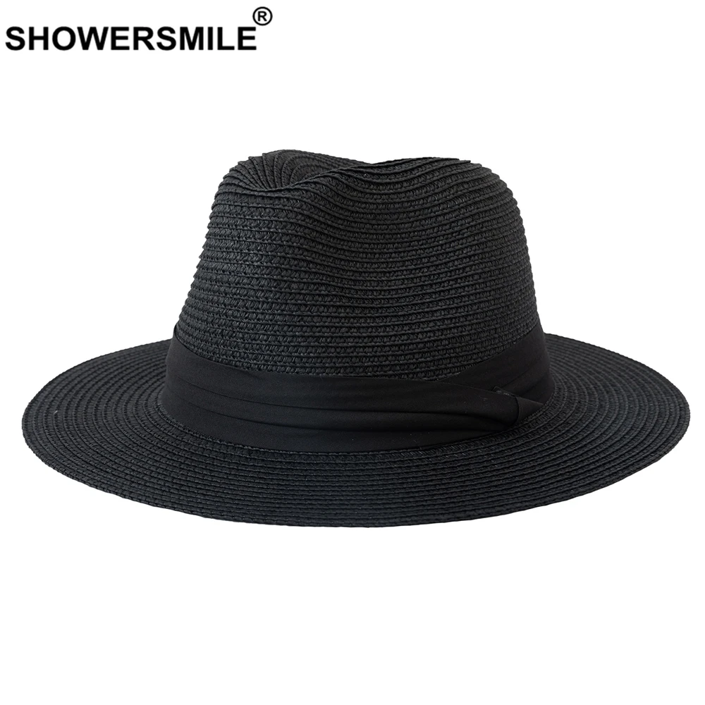 

SHOWERSMILE Panama Hat Black British Style Summer Sun Hats for Women Beach Straw Hat for Men UV Protection Cap Chapeau Sombrero