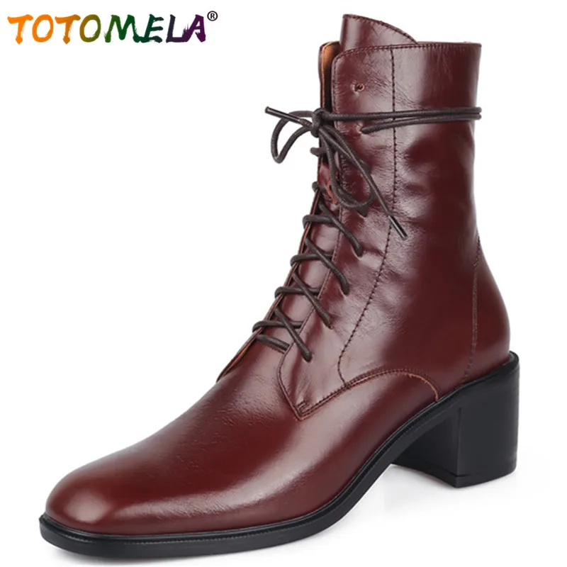 

TOTOMELA 2021 Big Size 43 Vintage Genuine Leather Shoes Women Ankle Boots Round Toe Top Quality Thick Heel Casual Shoes Woman