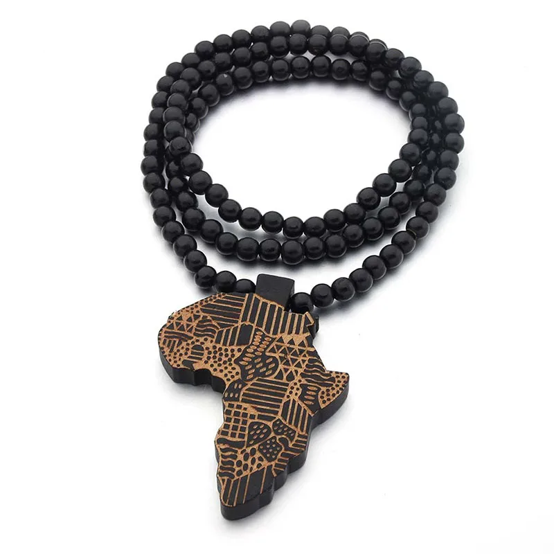 

Natural Wood Round Beads Handmade Elastic Africa Map Engraved DIY Necklaces Vintage African Women Party Hiphop Rock Pop Jewelry