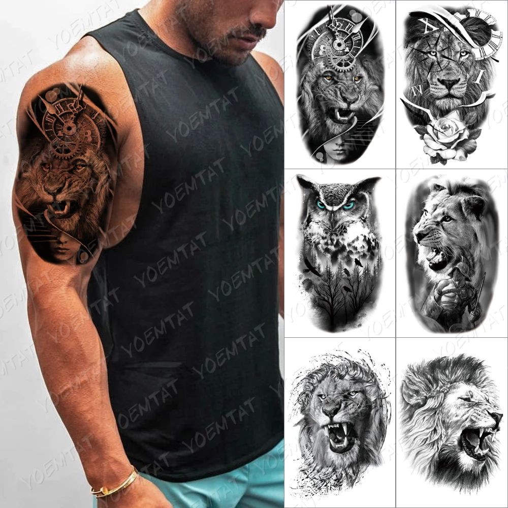 

Clock Lion Gear Temporary Tattoo Sticker For Men Women Rose Flower Owl Wolf Waterproof Fake Henna Tiger Animal Body Art Tatoo De