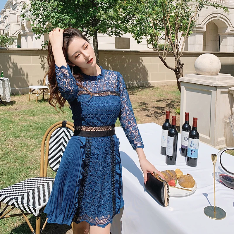 

Autumn Vintage Blue Hollow Out Lace Woman Dress 2020 Elegant O-neck Long Sleeve Draped Ruffles Mini Dress Vestidos