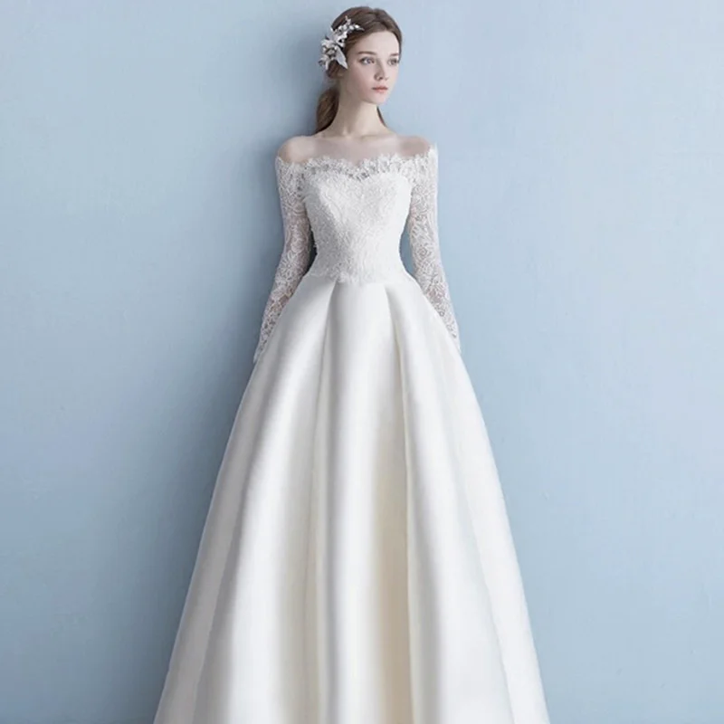 

Satin Wedding Dress 2021 New Off Shoulder Satin Hepburn Bride Lace Slim And Simple Women's Wedding Dress