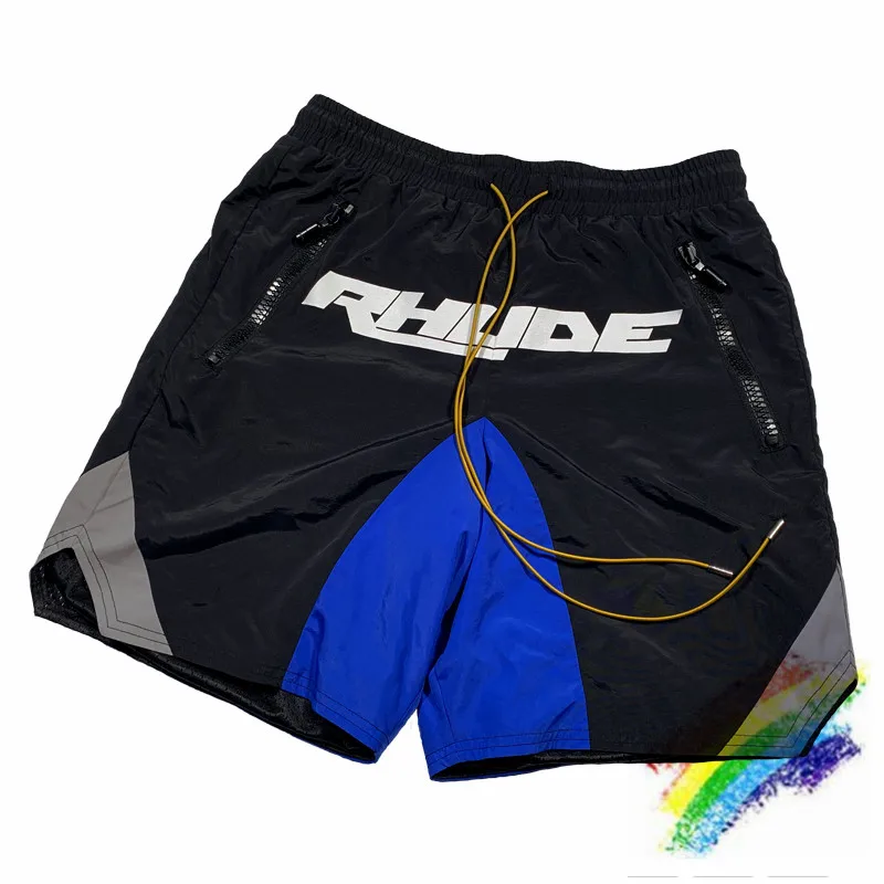 

Reflective Rhude Shorts Hip-Hop Black Blue 1:1 High-Quality RHUDE Mens Shorts Yellow Drawstring Zip Pocket RHUDE Shorts