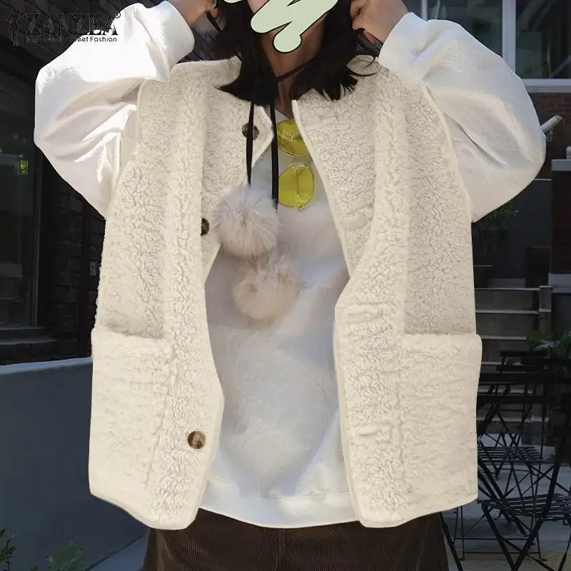 

Осенняя теплая верхняя одежда, модный жилет из овечьей шерсти ZANZEA, Женская Повседневная однотонная Свободная куртка без рукавов в стиле Хар...