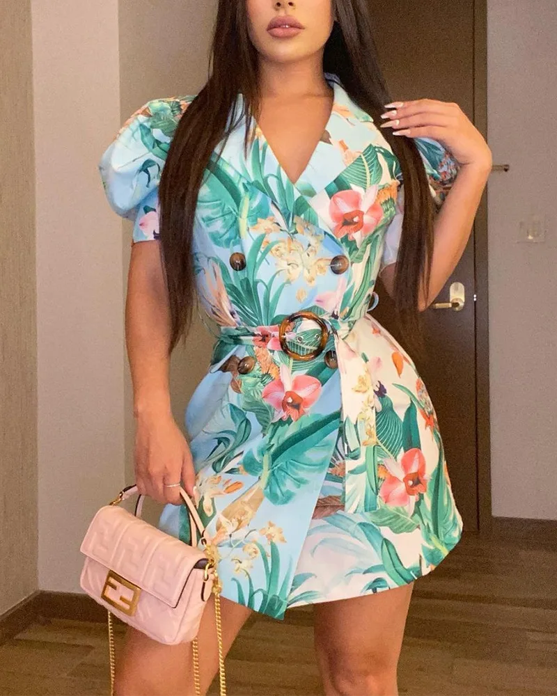 

Women's Dress 2021 European and American Women Printed Puff Sleeve Lapel Tie Dress Sexy Elegant Casual Dresses