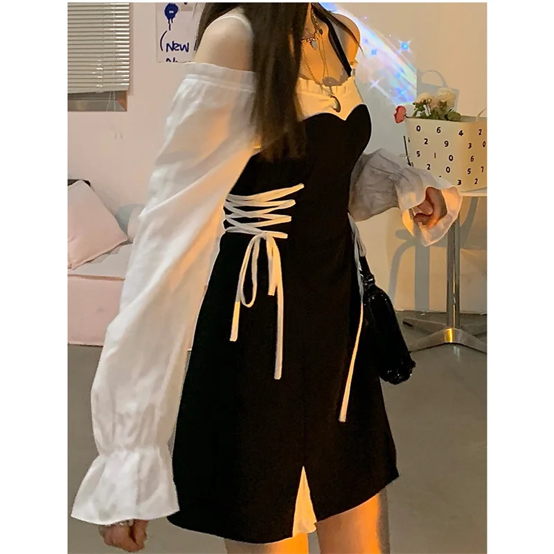 

Waist-tight Slimming Lace Up Halter Off-the-shoulder Dress for Women 2021autumn New French Style High Sense Dress