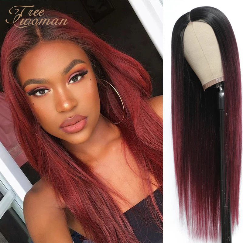 

FREEWOMAN Long White Straight Wig With Natural Hairline Dark Roots Middle Part Synthetic Wigs For Women Party False Hair Wigs