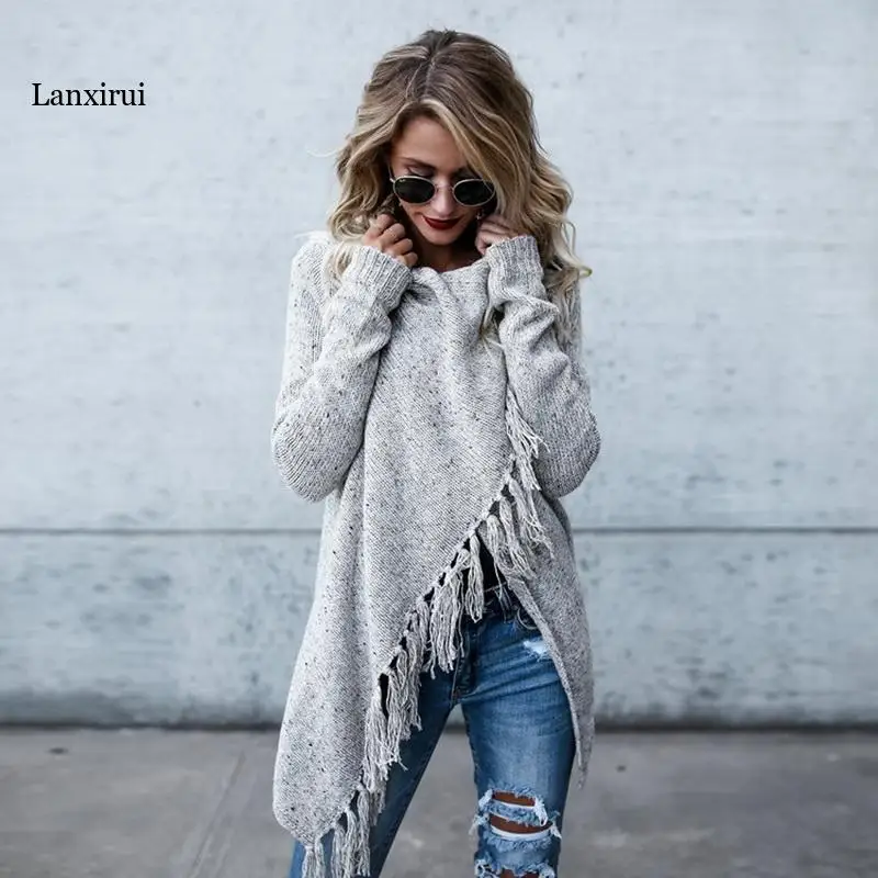 

Шаль оверсайз с бахромой, серый пуловер, Женский весенне-осенний Длинный свободный свитер с круглым вырезом, уличная одежда, теплая верхняя ...