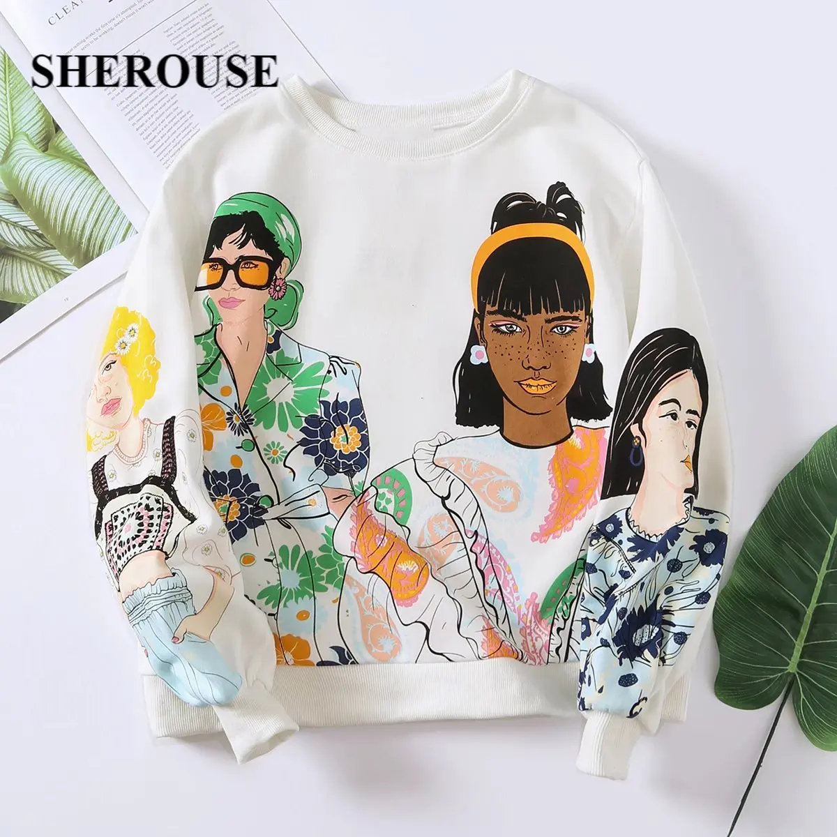 

Женский свитер с круглым вырезом и длинными рукавами Sherouse, винтажный Топ большого размера с принтом для девочек