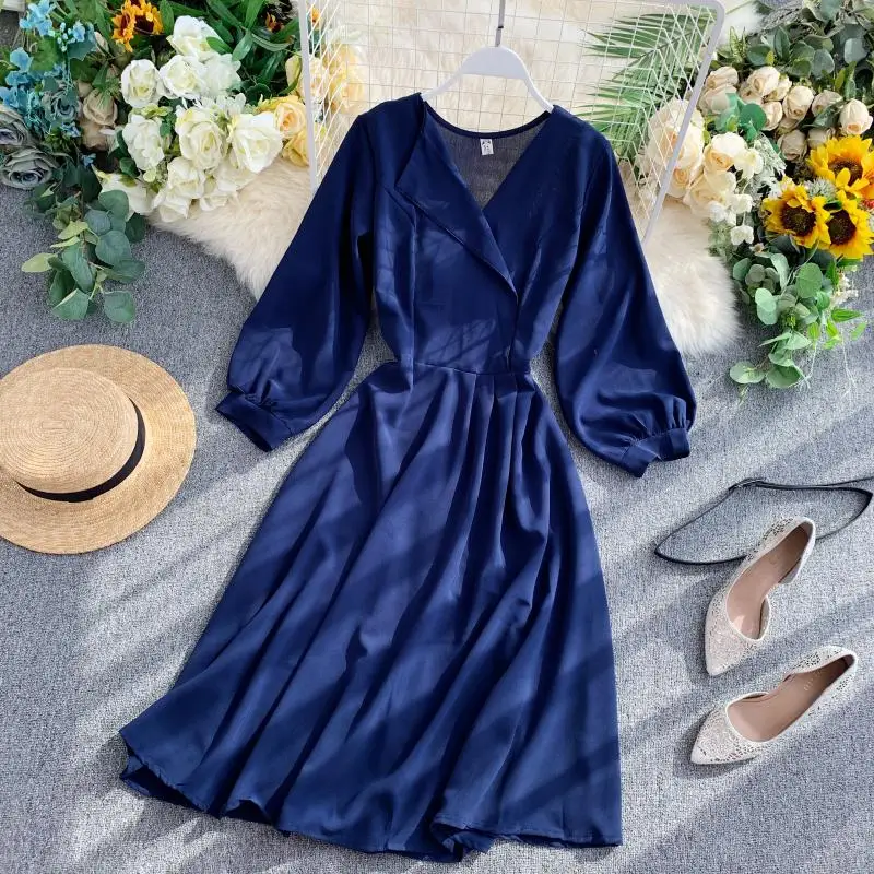 dark blue HISUMA Новинка осени для женщин с v-образным вырезом из шифона, с объемным рукавом Платье трапециевидной формы Женский V образным вырезом элегантное приталенное Феи платья - Цвет: dark blue