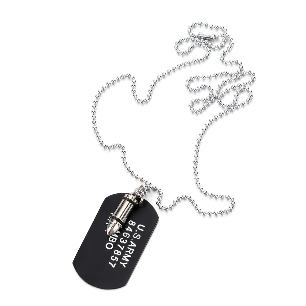 High Quality Fashion Men Military Army Bullet Charm Dog Tags SINGLE EMBOSSED Chain Pendant Necklace Jewelry Gift