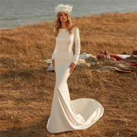 long sleeve wedding dresses boho bridal gowns 2022 o neck backless sweep train crepe simple bride dress vestidos de noiva