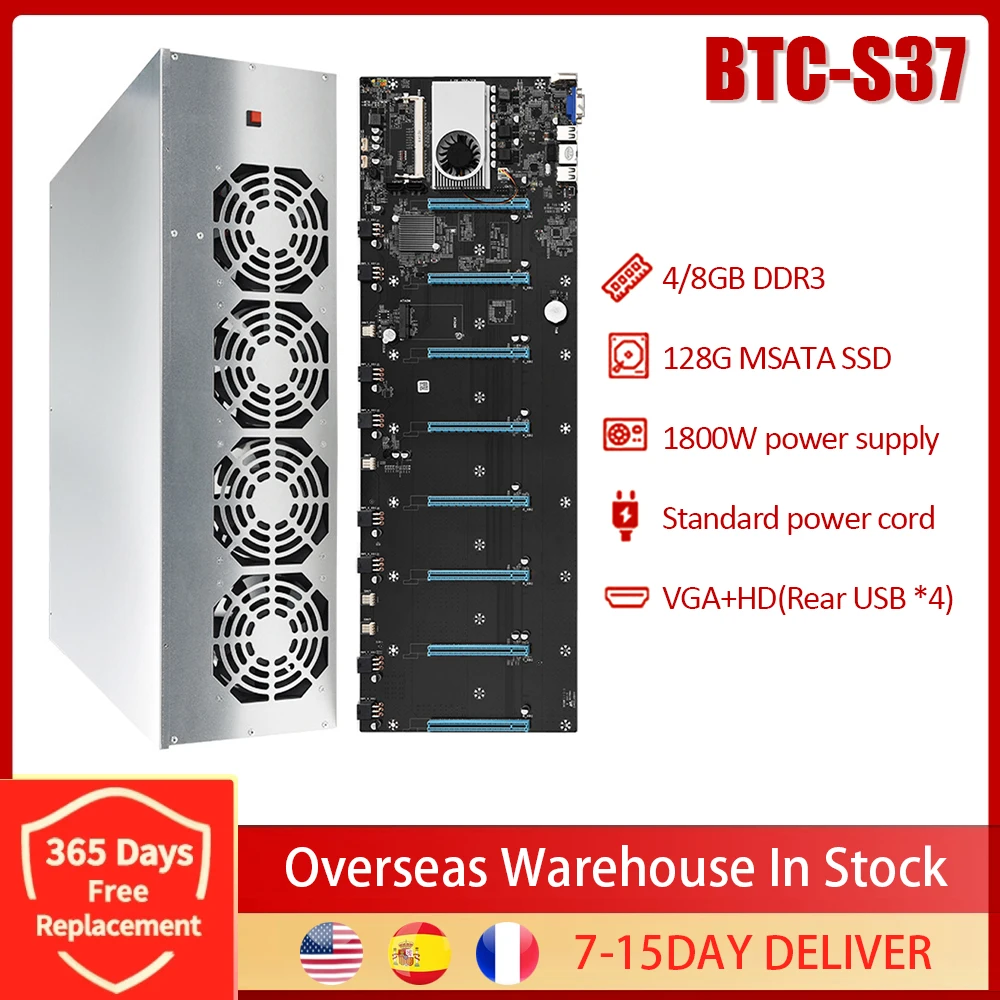 

A Set BTC-S37 Mining Miner Chassis With Rig Motherboard 1850W PSU 4/8GB DDR 128GB SSD 4 Cooling Fans For Bitcoin ETC ZEC BTC