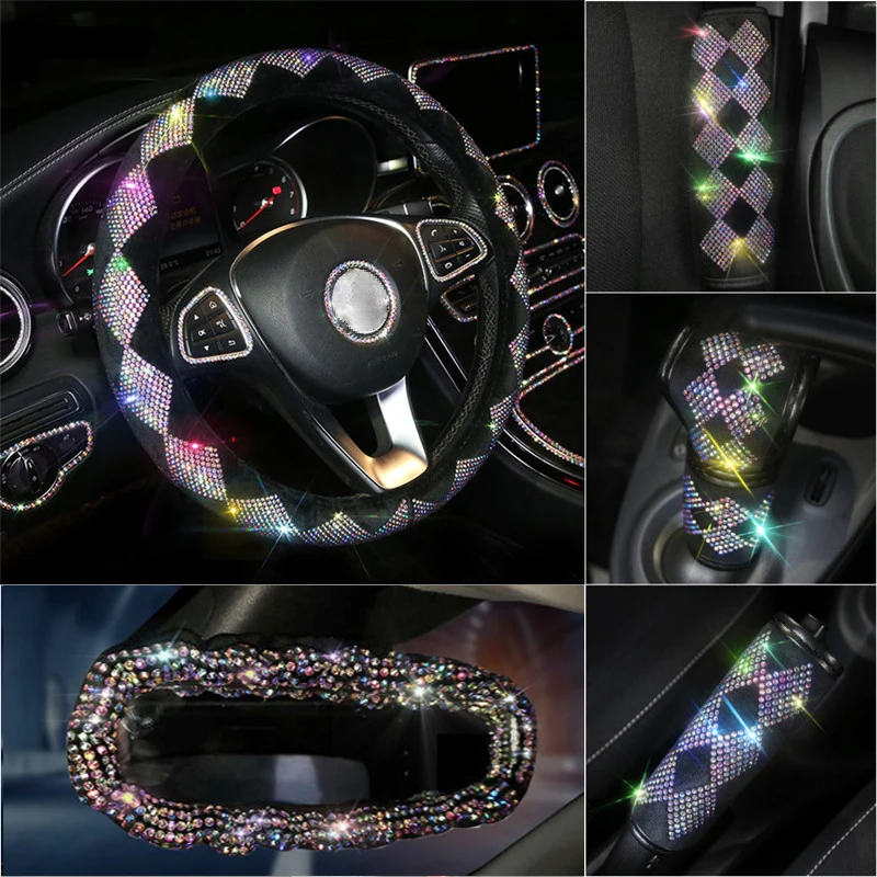 

5 шт. автомобиль рулевое колесо Шестерни стояночного тормоза с украшением в виде кристаллов сверкающий алмаз чехол из искусственной кожи с ...