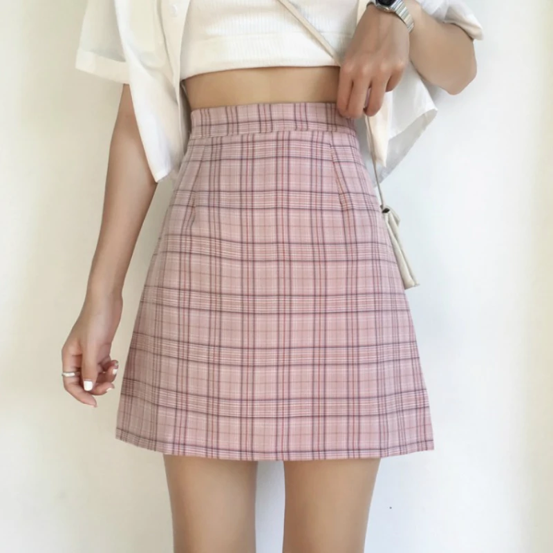 

Summer Plaid A-line Short Skirt High Waisted Preppy Mini Plaid Summer Skirts Pink Ivory
