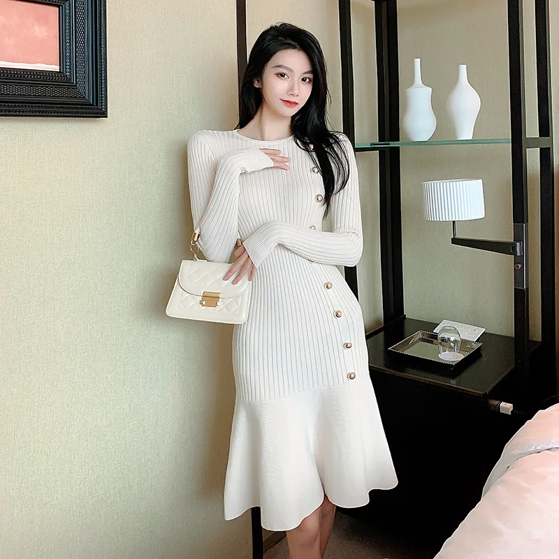 

Elegant Mermaid Knit Dress Office Lady Chic Button Mid-length Sweater Vestidos Autumn Winter Fashion Korean long sleeve Clothes