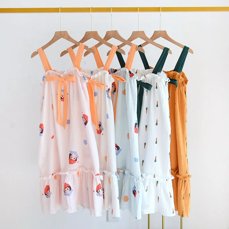 

Spring and Autumn New Cotton Double-layer Gauze Women's Suspender Skirt, Summer Thin Crepe Pajamas, Sweat-absorbent Home Service