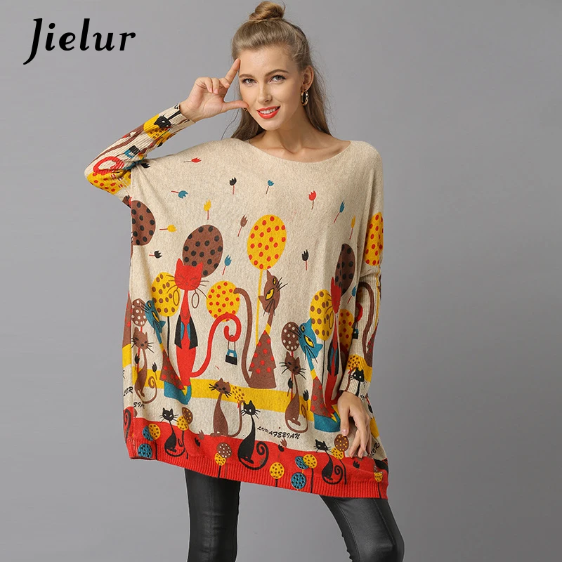 

Chic Big Size Long Pullovers O-Neck Casual Knitted Sweaters for Women Lovely Caroon Cat Printed Lady's Sweater Pull Femme