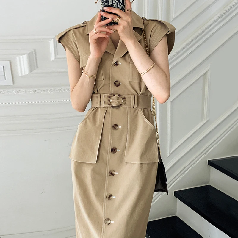 

Women Dress 2021 Summer Ladies Retro Temperament Suit Collar Multi-Pocket Single-Breasted Lace-Up Sleeveless Vestidos