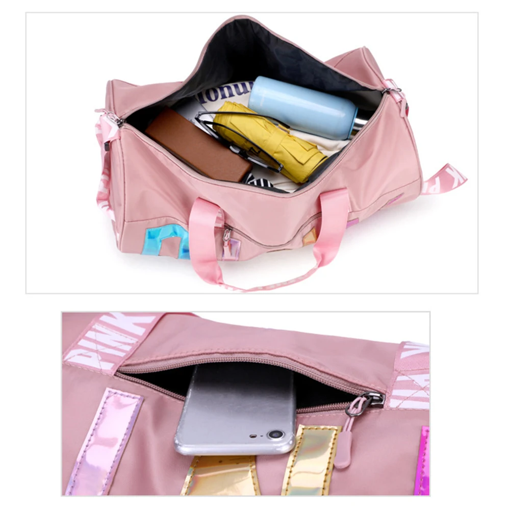 Women Pink Travel Bag Outdoor Sports Fitness Training Bags Nylon Waterproof Female Fitness Bag