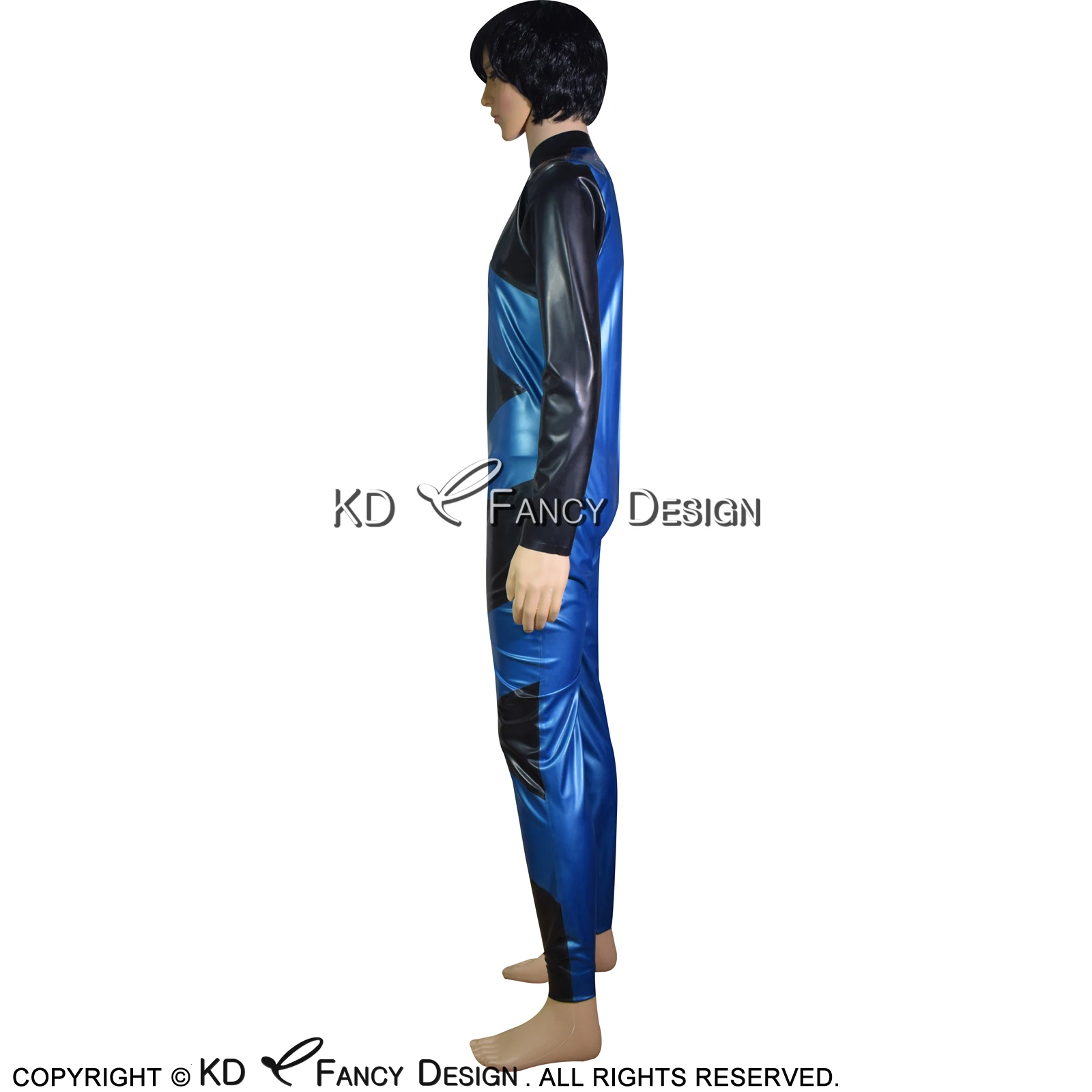 Черный и синий сексуальный комбинезон из латекса с диагоналями спереди до паха