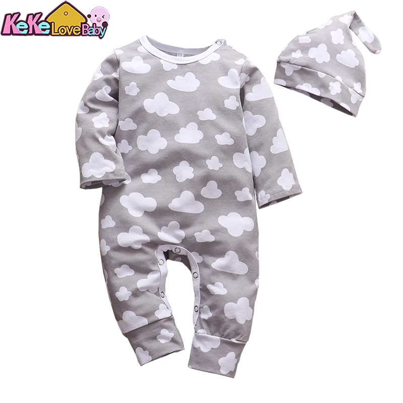 Newborn Baby Boys Romper Infant Clothes Gray Clouds Print Long Sleeve Jumpsuit And Hat Toddler Outfits New born Girl Clothing