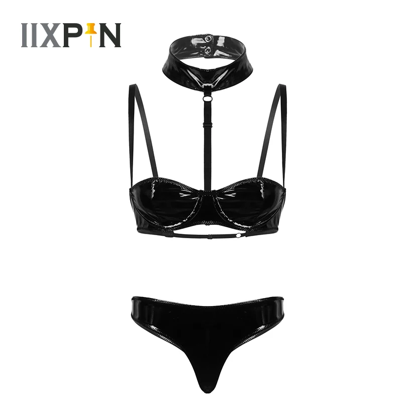 Женский эротический комплект нижнего белья сексуальный мокрое лакированная