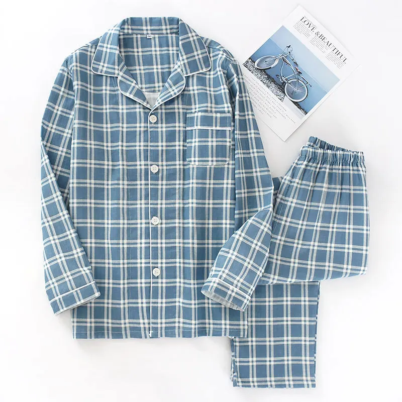 

Spring And Autumn Men Lattice Pajamas Long-sleeved Trousers Cotton Double Gauze Large Size Suit Home Service Men's Pajamas Suit