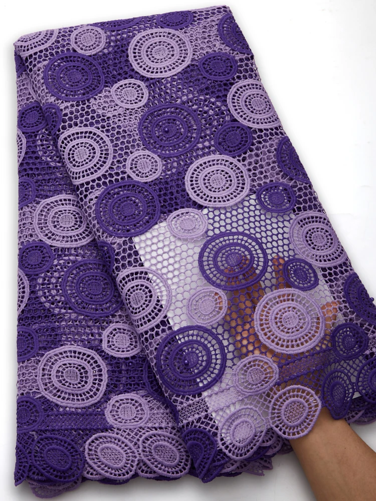 

Purple African Guipure Cord Lace Fabric Circle Embroidered French Mesh Tulle Net Lace Fabircs For Evening Party Dress Sew A2728