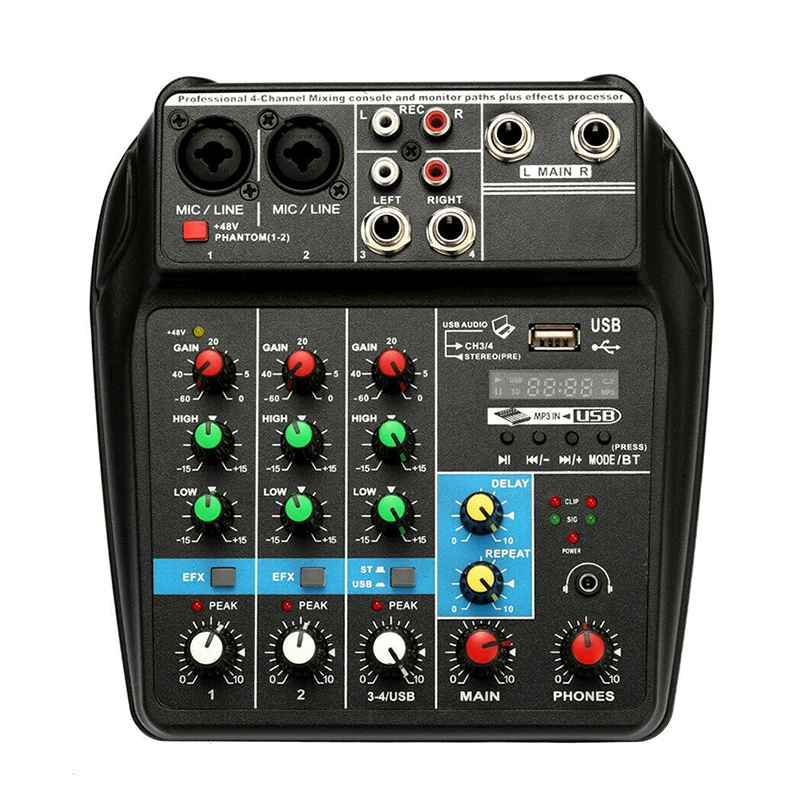 4Channels Audio Mixer Sound Mixing Console With Bluetooth-compatible USB Record 48V Phantom Power Monitor Paths Plus Effects Use