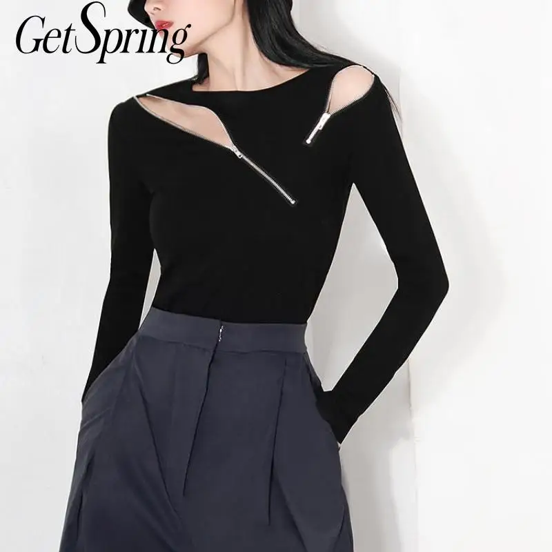 

Женская Асимметричная футболка Getspring, черная Асимметричная футболка с длинным рукавом, топы для женщин, 2021