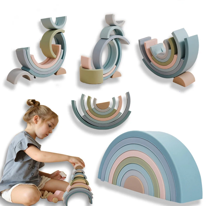 

Baby Food Grade Silicone DIY Toy Montessori Rainbow Building Blocks Creative Stacking Balance Game Educational Toy for Kids