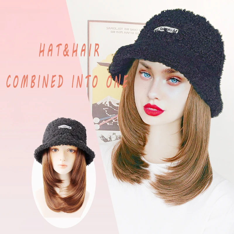 

Lamb Hair Fisherman Hat mid-Length Synthetic Wig Hat Wig Combination Warm and Fashionable Autumn and Winter Models