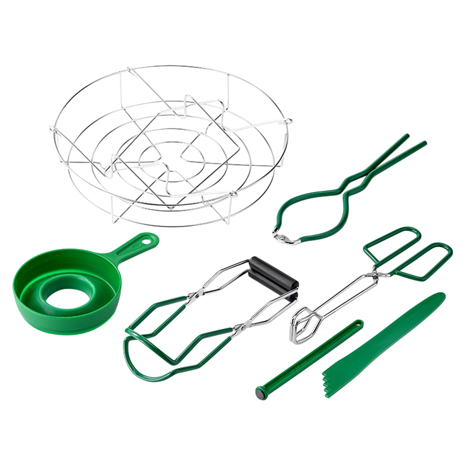 

Clamping Basket Set 7 in 1 Includes Steamer Rack, Canning Funnel, Jar lifter, Jar wrench, Lid Lifter, Tongs, Bubble Remover Tool