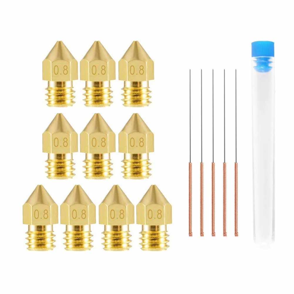 

Aokin 10 Pcs 0.2-1.0mm 3D Printer Nozzles MK8 Extruder Nozzles and 5 Pcs 0.15mm Stainless Steel Nozzle Cleaning Needles