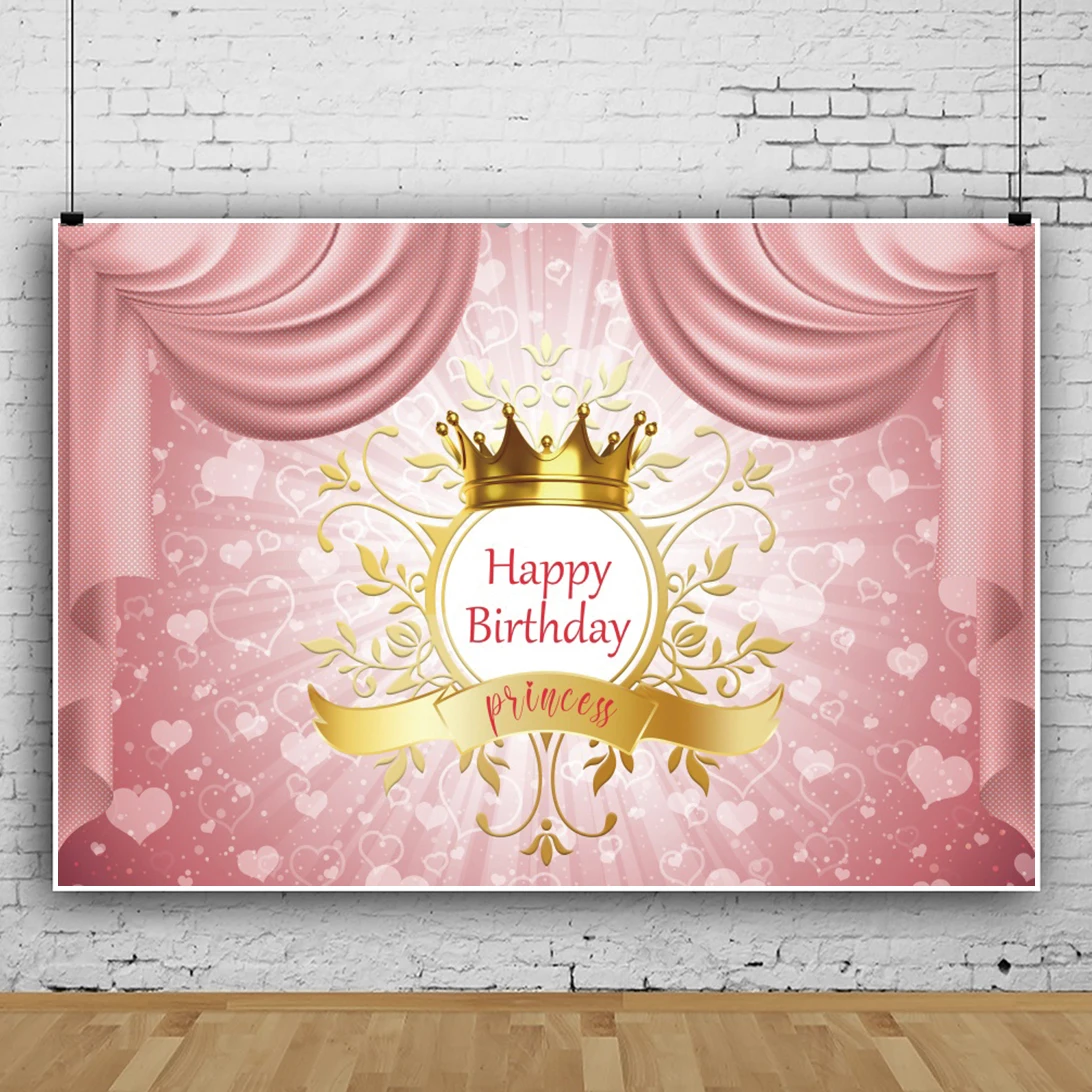 

Laeacco Pink Curtain Princess Happy Birthday Baby Portriat Customized Gold Crown Photography Background Banner Photo Backdrops